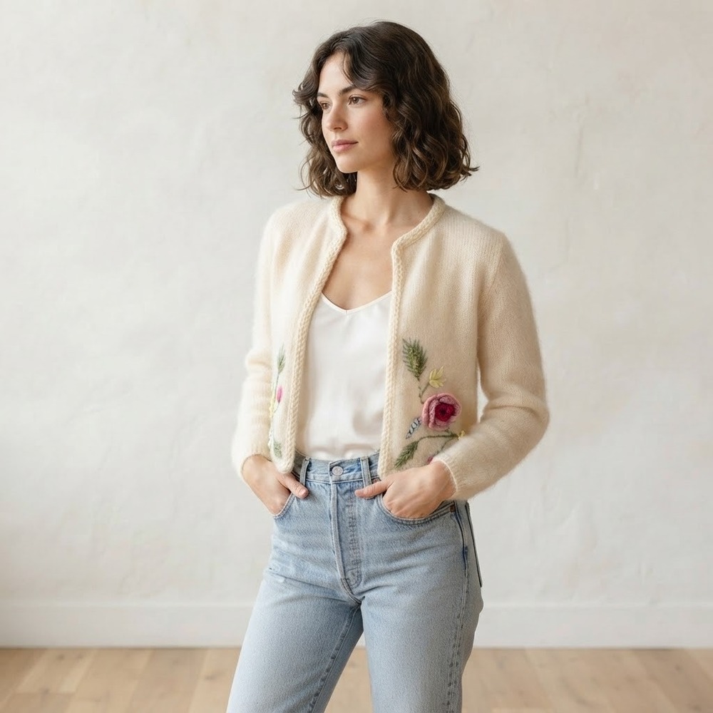 Vintage Jane Irwill Mohair Cardigan Sweater Small Cream Embroidered Ribbon Ivory